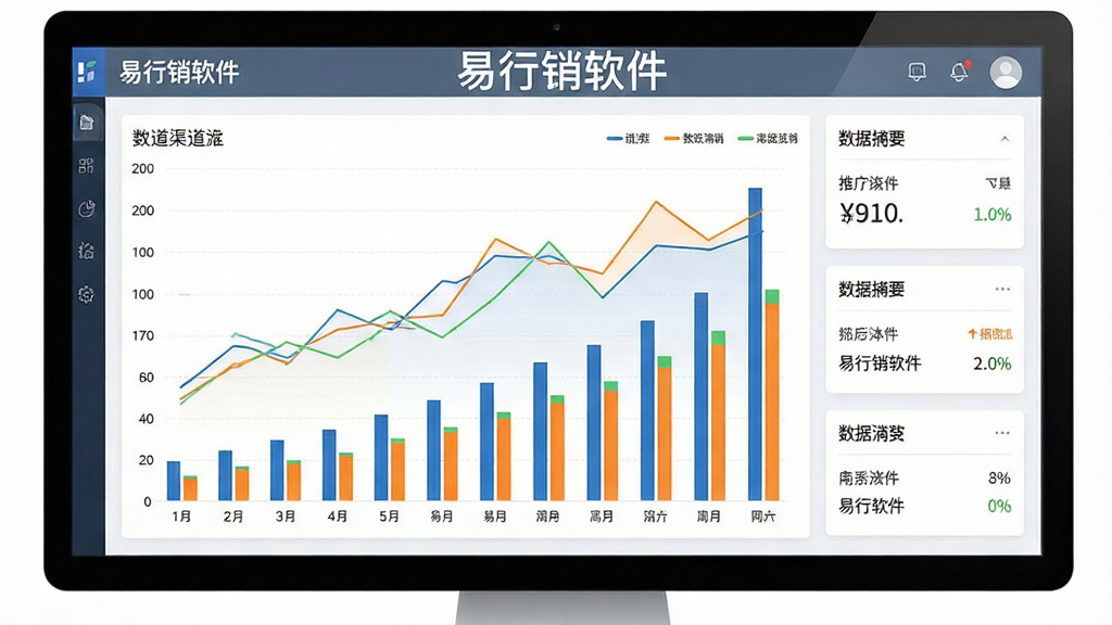 一张展示易行销软件数据追踪面板的图片,画面中央为折线图与柱状图组合,显示不同渠道的推广效果对比,右侧有数据摘要卡片,界面风格商务简洁,屏幕上方有“易行销软件”字样,画质清晰,干净无多余元素