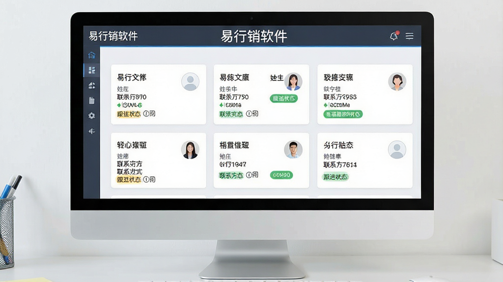 一张展示易行销软件客户管理模块的图片,画面中显示多个客户卡片,卡片上标注有姓名、联系方式与跟进状态标签,背景为浅灰色工作台,界面清晰整洁,屏幕上方有“易行销软件”字样,画质清晰,干净无多余元素