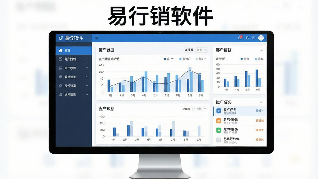 一张展示易行销软件主界面的图片,画面中央是软件仪表盘,左侧为功能导航栏,右侧显示客户数据图表与推广任务列表,界面风格简洁现代,采用蓝白配色,屏幕上方有“易行销软件”字样,画质清晰,干净无多余元素