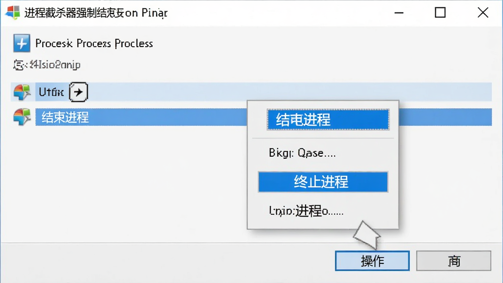 进程截杀器强制结束进程操作界面,画面展示用户选中一个进程后弹出操作菜单,菜单中包含结束进程、强制结束、终止进程树等选项,界面风格为Windows原生风格,配色为浅色背景搭配蓝色高亮按钮,布局简洁,画质清晰干净,无多余元素