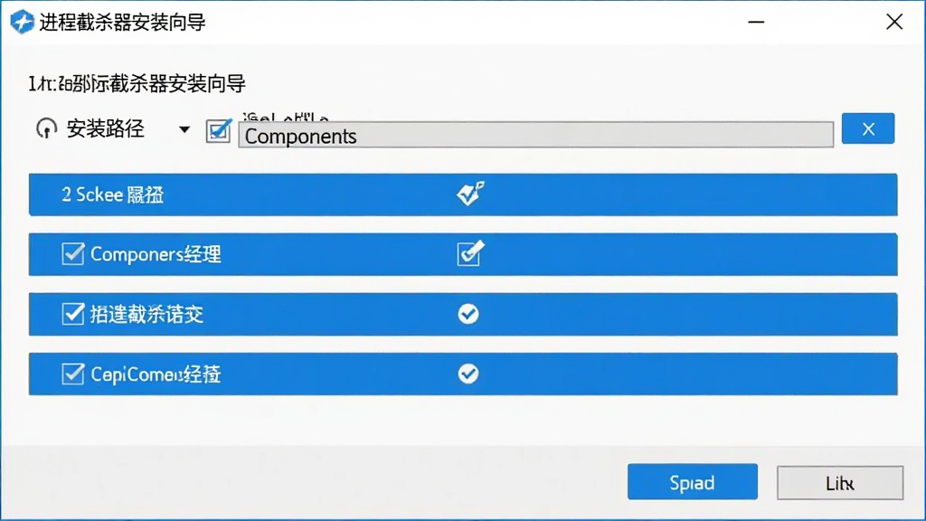 进程截杀器安装向导界面截图,画面展示安装程序窗口,窗口中有安装路径选择、组件勾选等选项,界面风格为简洁的安装向导风格,配色为白色背景搭配蓝色按钮,布局为上下步骤式,画质清晰干净,无多余元素