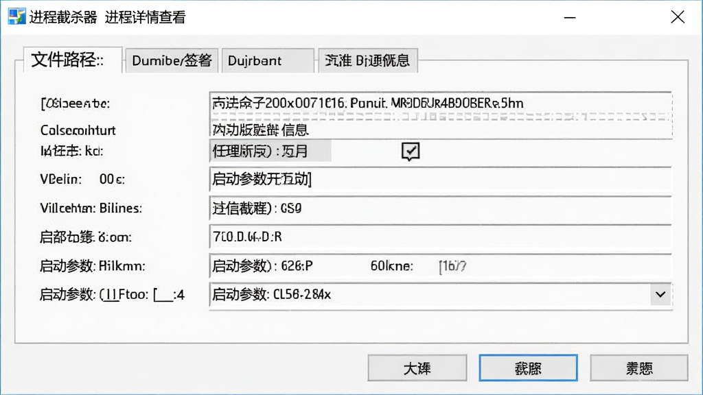 进程截杀器进程详情查看界面,画面展示一个进程的属性窗口,窗口中包含文件路径、数字签名、版本信息、启动参数等字段,界面风格为Windows属性对话框风格,配色为白色背景搭配灰色标签,布局为上下结构,画质清晰干净,无多余元素