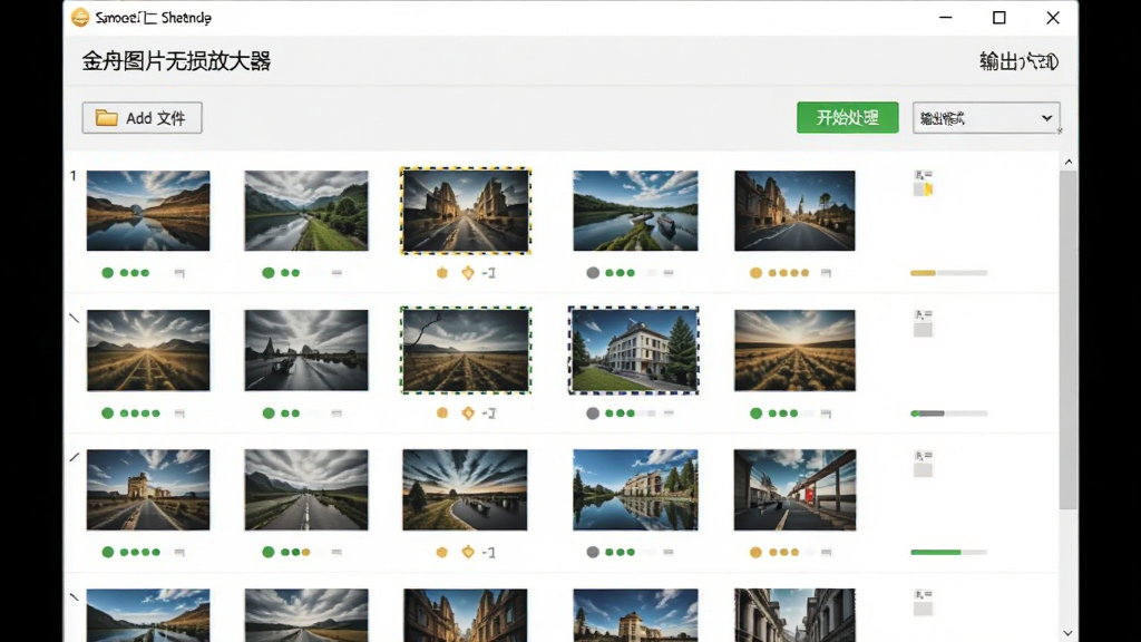 主体为金舟图片无损放大器批量处理队列界面,布局为列表式展示多张图片缩略图与处理状态,排版清晰有序,风格为轻量级办公软件风格,细节包含添加文件夹按钮、开始处理按钮、输出格式选择框,画质明亮、干净、无多余元素