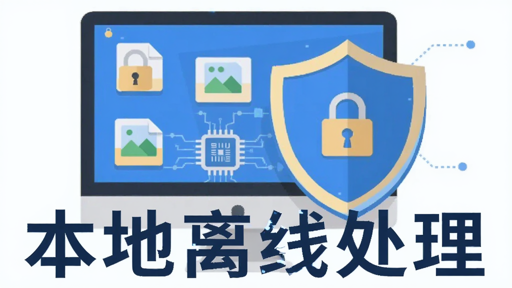 主体为金舟图片无损放大器本地处理安全示意图,布局为电脑屏幕与盾牌图标组合,排版突出“本地离线处理”文字,风格为扁平化安全科技风格,细节包含锁形图标、图片文件图标、CPU运算示意,画质简洁、干净、无多余元素