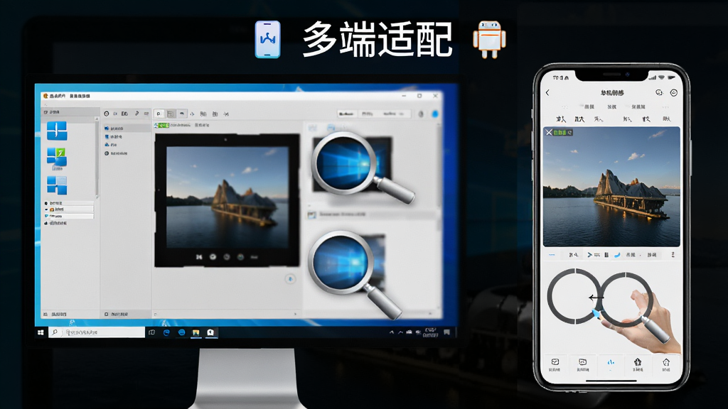 主体为金舟图片无损放大器在Windows电脑与安卓手机上的操作对比图,布局为左右分屏,左侧展示电脑端批量处理界面,右侧展示手机端单张精修界面,排版突出“多端适配”文字,风格为简洁科技风,细节包含电脑图标、手机图标、放大效果对比,画质高清、干净、无多余元素