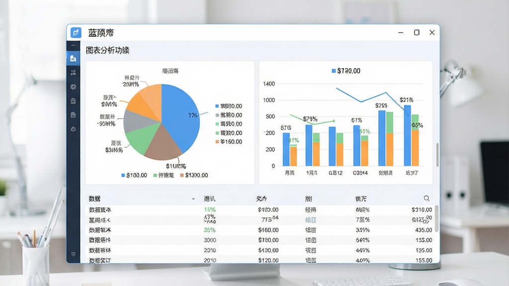 一张展示蓝灯财务管理软件中图表分析功能的图片,画面中央是软件窗口,窗口内显示彩色饼图和柱状图,图表旁边有分类图例和金额标注,整体布局分为图表区和数据列表区,采用清新浅色风格,色调柔和明亮,细节上突出图表颜色区分和百分比数值,画质清晰干净,无多余元素