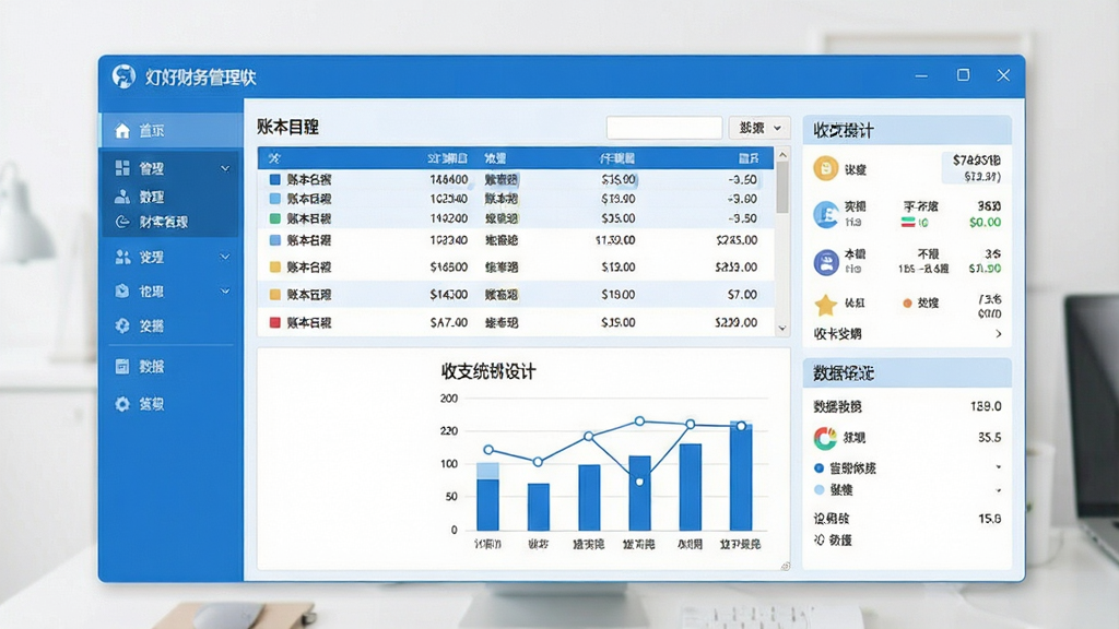 一张展示蓝灯财务管理软件主界面的图片,画面中央是软件窗口,窗口内显示账目列表和收支统计图表,左侧为功能导航栏,右侧为数据概览区域,整体布局清晰整洁,采用简洁商务风格,色调以蓝色和白色为主,细节上突出账本名称、金额数字和分类图标,画质清晰干净,无多余元素