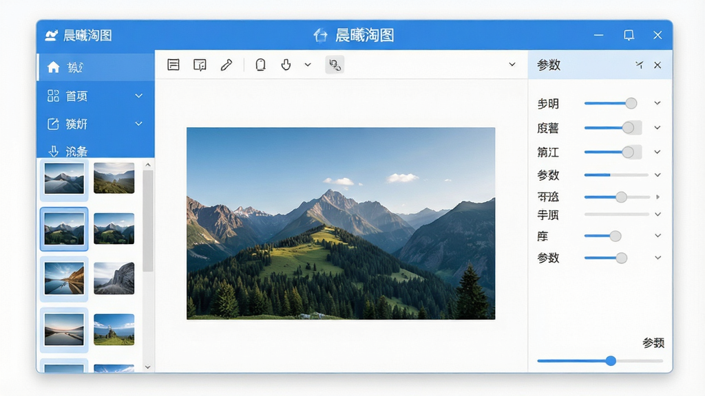 一张软件界面全景图,主体是晨曦淘图软件的主界面窗口,布局为左侧功能导航栏、中间图片预览区、右侧参数调整面板,界面上方有