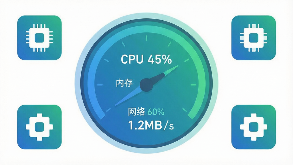 һ����Ϣͼ����ͼƬ������������һ��Բ���Ǳ��̣���ʾ��CPU 45%�����ڴ� 60%�������� 1.2MB\/s�������ݡ�����Ϊ�Ǳ��̾��У���Χ�������ĸ�Сͼ�������ͬӲ�������Ϊ��ƽ�����ݿ��ӻ���ϸ����ʹ�����̽�����ɫ�������������ɾ����޶���Ԫ�ء�
