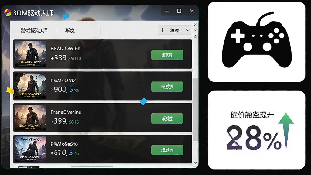 一张展示3DM驱动大师游戏驱动优化功能的图片,画面中软件界面显示游戏列表和对应的推荐驱动版本,旁边有游戏手柄图标和性能提升百分比,布局为卡片式排列,排版活泼,风格为电竞科技风,细节包括游戏封面、帧数提升数据、更新按钮,画质清晰,干净,无多余元素