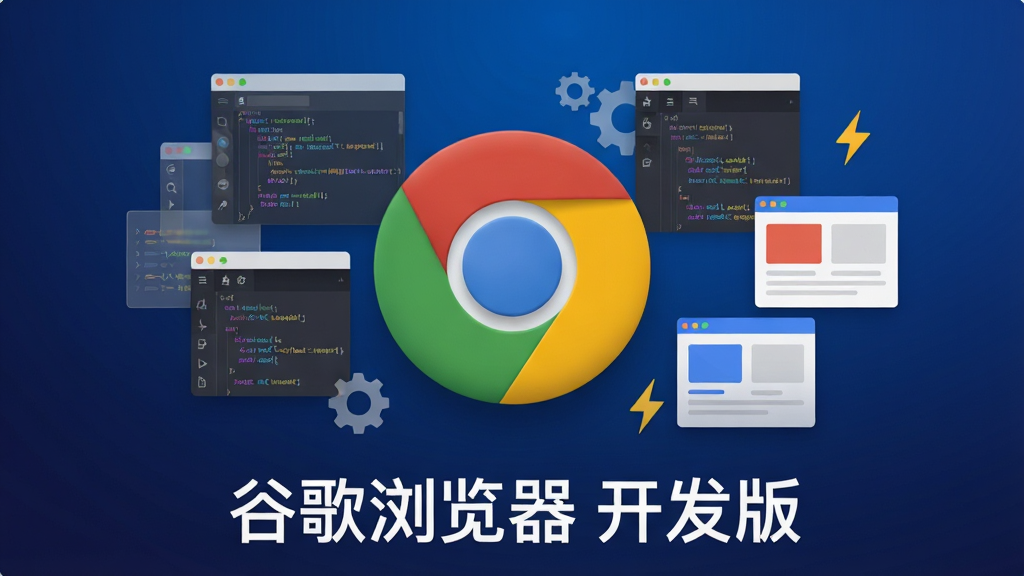 画面中央是谷歌浏览器 开发版的标志性图标,一个立体感十足的彩色圆形图标悬浮在深蓝色渐变背景之上,图标周围环绕着代码窗口、调试工具面板和网页元素卡片,布局采用居中放射状构图,风格为现代科技感扁平插画,细节包括半透明的浮动代码片段、齿轮与闪电符号点缀,画质高清、干净、无多余元素,图片下方用白色字体写着“谷歌浏览器 开发版”
