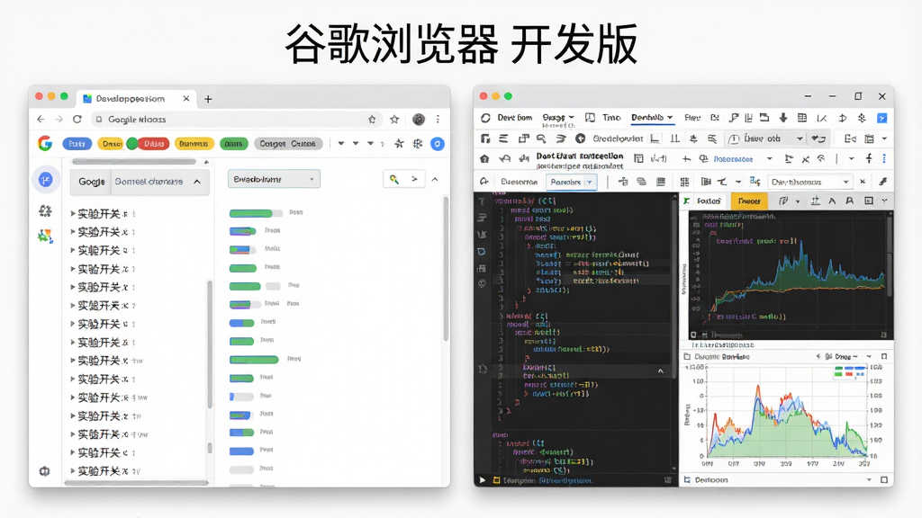 一张展示软件功能的AI生图,画面主体为谷歌浏览器 开发版的多窗口界面,左侧窗口显示实验性功能开关列表,右侧窗口展示DevTools调试面板,布局为左右分栏式,风格为简洁的UI设计图,细节包含彩色标签页、代码高亮、性能曲线图,画质清晰、干净、无多余元素,画面顶部有“谷歌浏览器 开发版”字样