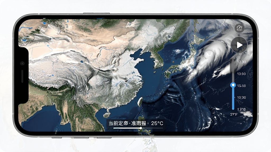 手机屏幕展示卫星天气准雨报的卫星云图动态界面,画面主体为东亚区域卫星云图,白色和灰色云层清晰可见,界面右侧有播放按钮和时间轴,底部显示当前定位城市和温度,布局简洁,科技风格,细节清晰,画质高清,干净无多余元素