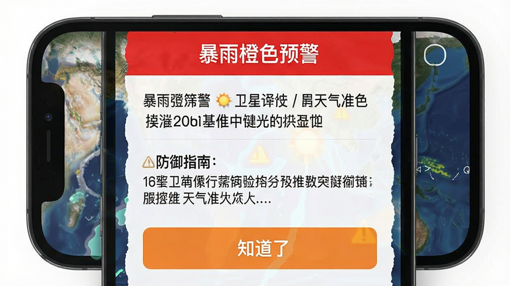 手机屏幕展示卫星天气准雨报的气象预警推送界面,画面顶部为红色预警横幅写着“暴雨橙色预警”,下方为预警详情文字和防御指南,底部有“知道了”按钮,布局醒目,警示风格,细节清晰,画质高清,干净无多余元素