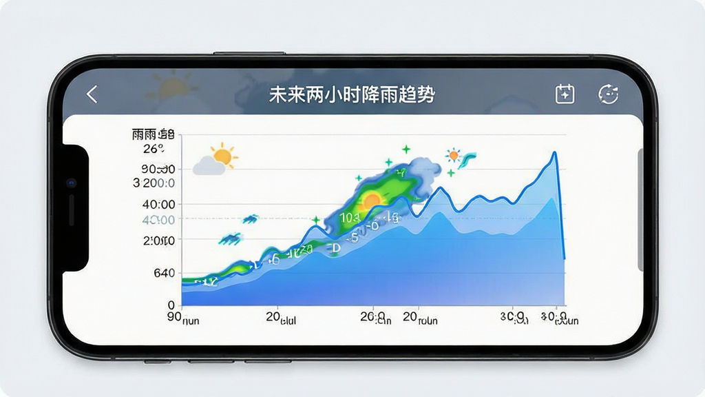 手机屏幕显示卫星天气准雨报的分钟级降雨预报界面,画面中央为降雨折线图,横轴为未来两小时时间刻度,纵轴为降雨强度,折线下方填充蓝色渐变,顶部显示“未来两小时降雨趋势”文字,布局清晰,数据可视化风格,细节丰富,画质高清,干净无多余元素