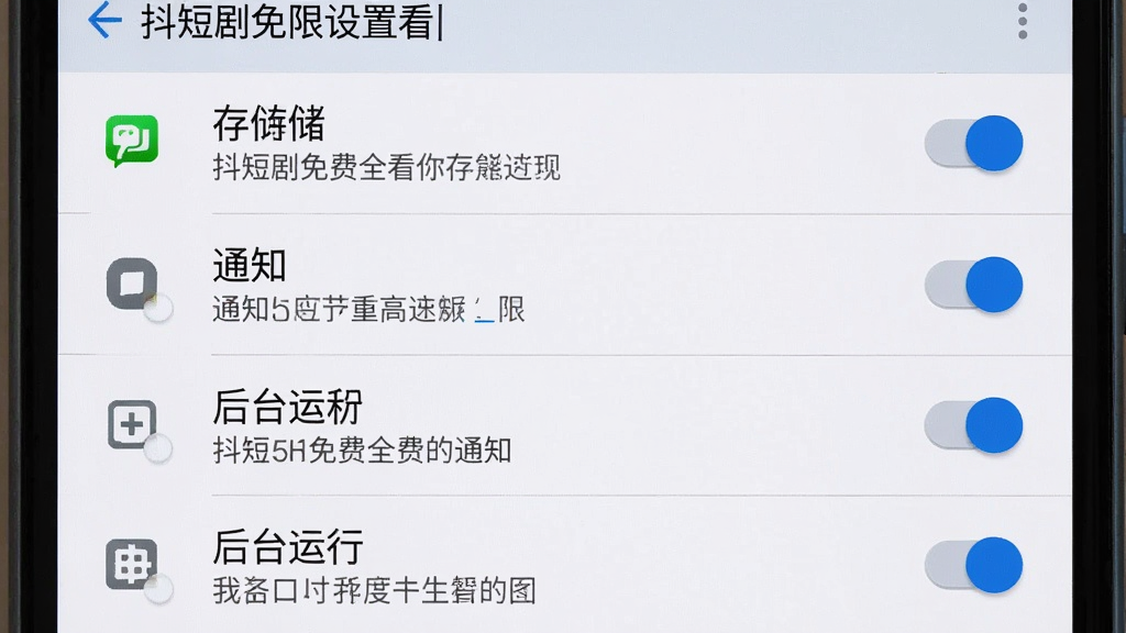 一张展示手机应用权限设置界面的图片,主体为安卓手机设置页面,列表中包含存储、通知、后台运行等权限开关,布局为纵向列表,风格为系统原生设置界面,细节包含权限图标、开关按钮、说明文字,画质清晰,画面干净,无多余元素,图中文字“抖短剧免费全看”