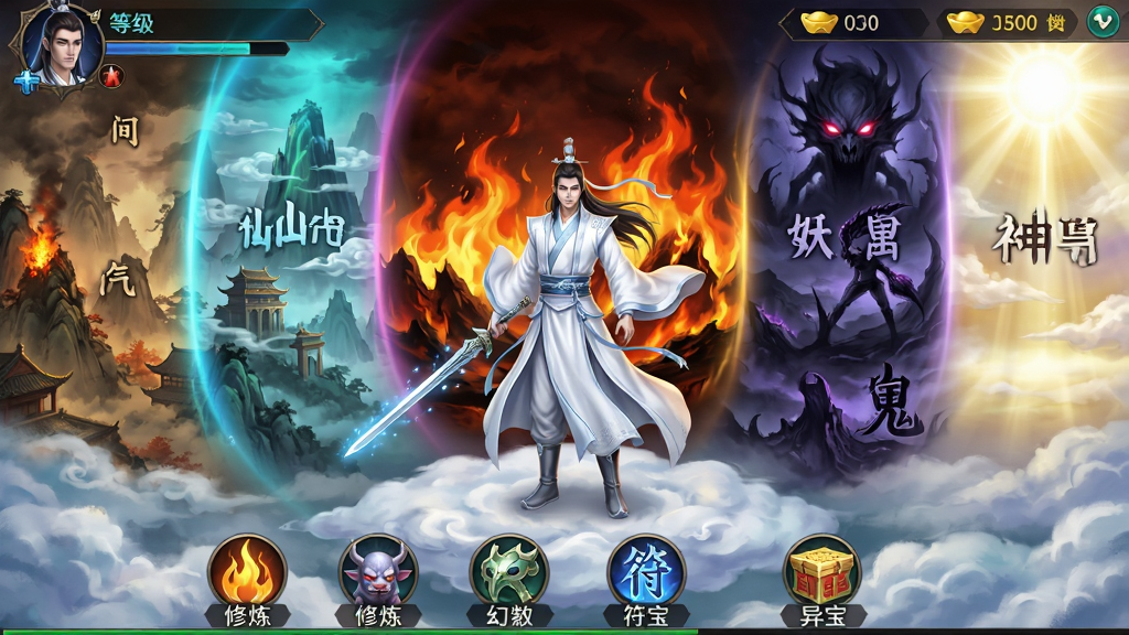 一款东方玄幻修仙题材的手机游戏主界面全景展示,画面中央是一位身穿白色仙袍、手持长剑的修仙者立于云端,背景分为六层不同颜色的光晕代表六界,分别是人间烟火、仙气缭绕、魔焰滔天、妖气弥漫、幽冥鬼域、神光普照,界面底部排列着修炼、幻兽、符文、异宝等功能图标按钮,顶部显示角色等级和元宝数量,整体风格为唯美古风仙侠,色彩以青蓝紫金为主,细节精致,画质高清,干净,无多余元素