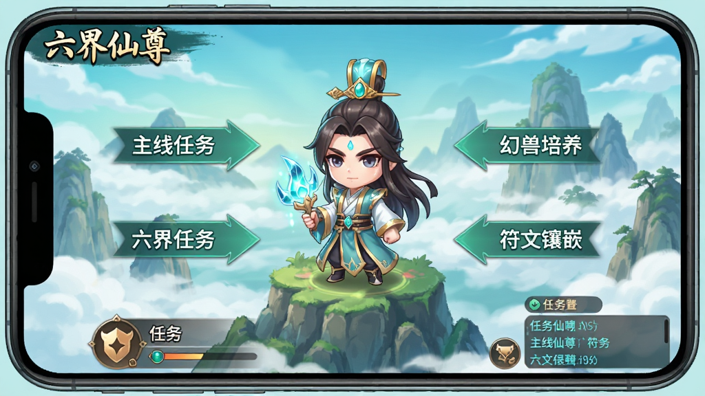 六界仙尊游戏新手引导界面截图风格,画面展示一个古风仙侠风格的手机屏幕,屏幕中央是一位Q版修仙者角色站在山巅,周围有箭头指引标注“主线任务”“幻兽培养”“符文镶嵌”等操作提示,背景是云海和远山,界面底部有任务追踪栏和聊天窗口,整体风格清新明亮,色彩以青绿和白色为主,细节清晰,画质高清,干净,无多余元素,图片中带有文字