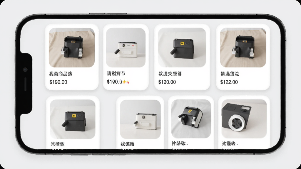 �����̼���Ʒ����ҳ�棬����Ϊ�ֻ���Ļչʾ��Ʒ�б�������Ϊ����״��Ʒ��Ƭ���Ű�ÿ����Ƭ������ƷͼƬ��������۸񣬷��Ϊ���µ��̷磬ϸ���Ͽ�Ƭ����Բ���������Ӱ������Ϊǳ��ɫ�����ʸ��壬�ɾ����޶���Ԫ��