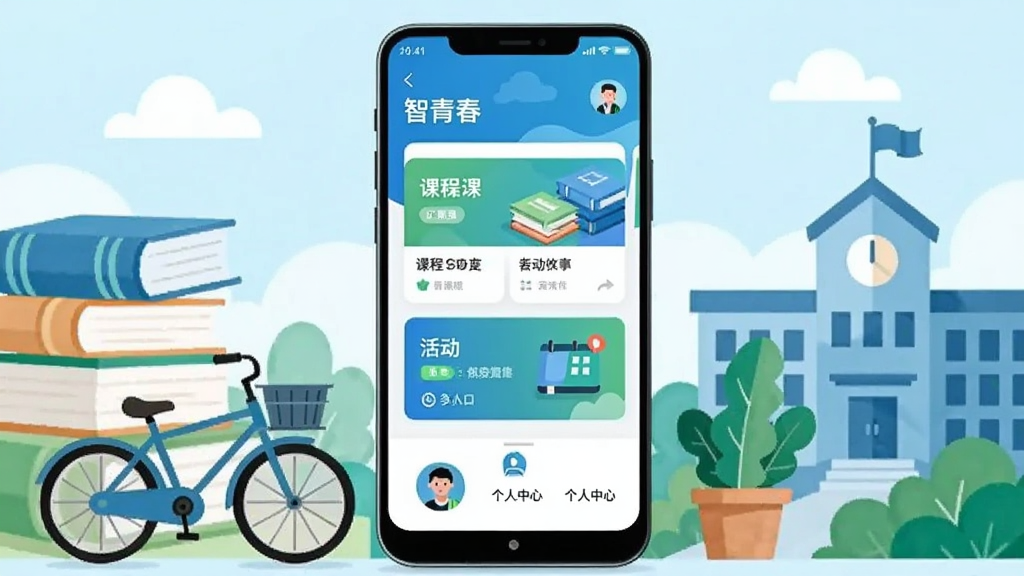 画面中央放置一部竖屏安卓手机,手机屏幕内展示“智青春”应用主界面,界面包含课程卡片、活动入口与个人中心头像,手机四周环绕校园元素如书本、自行车、绿植与教学楼剪影,整体采用扁平插画风格,配色以清新蓝绿与白色为主,构图居中对称,细节干净,画质清晰,无多余元素