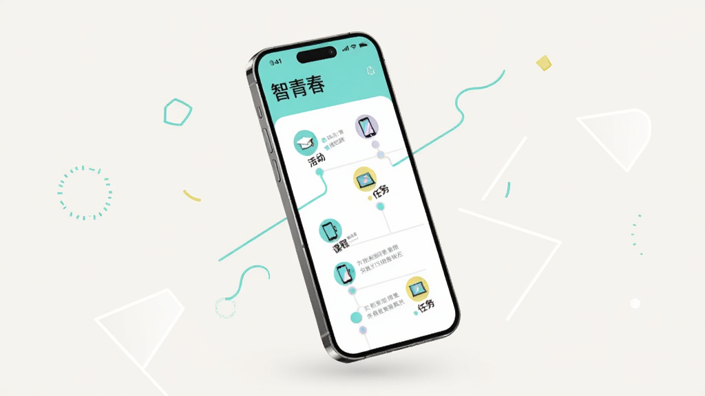 一部手机屏幕内展示“智青春”个人成长时间线页面,时间线上有多个节点图标,分别代表活动、课程与任务,手机悬浮在浅色背景中,周围有少量几何装饰线条,整体风格简约现代,配色清爽,画质干净,无多余元素