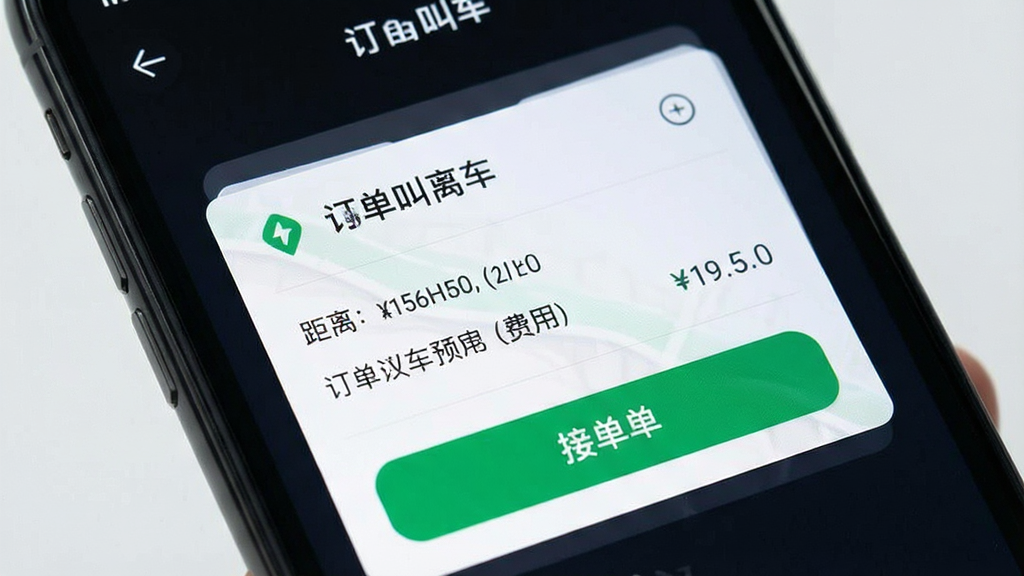 一张手机屏幕特写图,画面主体为一键叫车司机端订单推送界面,布局为居中对齐展示订单卡片,风格简洁科技感,细节包括距离标注、费用预估、接单按钮,画质清晰干净无多余元素