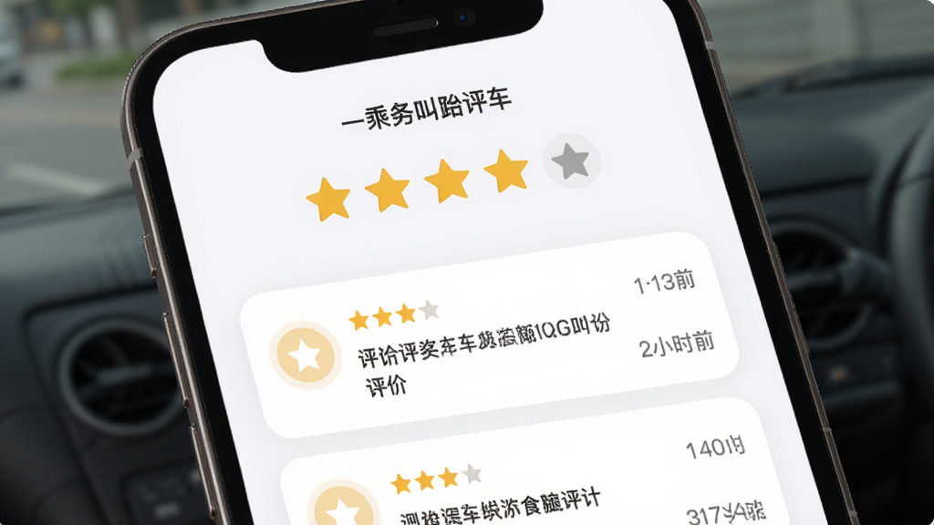 一键叫车司机端服务评分页面,画面主体为手机屏幕展示五星评分和乘客评价文字,布局为顶部评分汇总下方评价列表,风格柔和圆角卡片设计,细节包括星级图标、评价内容、时间标注,画质清晰干净无多余元素