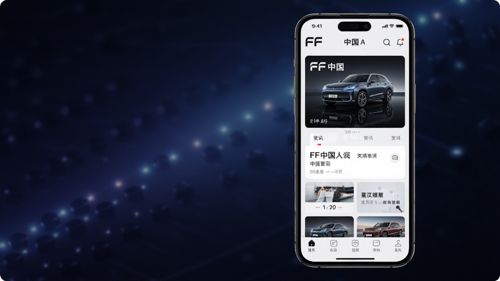 一张展示FF中国App主界面的手机预览图,画面中央是一部现代智能手机,屏幕显示FF中国应用首页,包含品牌Logo、车辆展示图、资讯卡片和底部导航栏,背景为科技感十足的深色渐变,风格简洁现代,细节清晰,画质高清,干净无多余元素