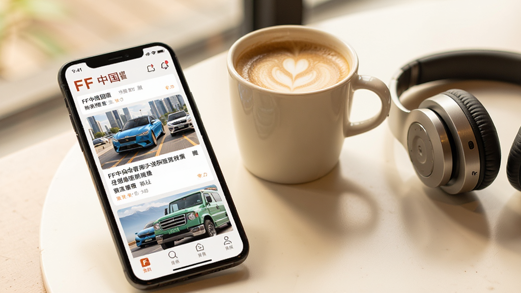 一部手机屏幕展示FF中国App资讯页面,页面中排列着多条新闻卡片,卡片上有车辆图片和标题文字,手机旁有一杯咖啡和一副耳机,整体色调温暖明亮,风格生活化,画质清晰,干净无多余元素