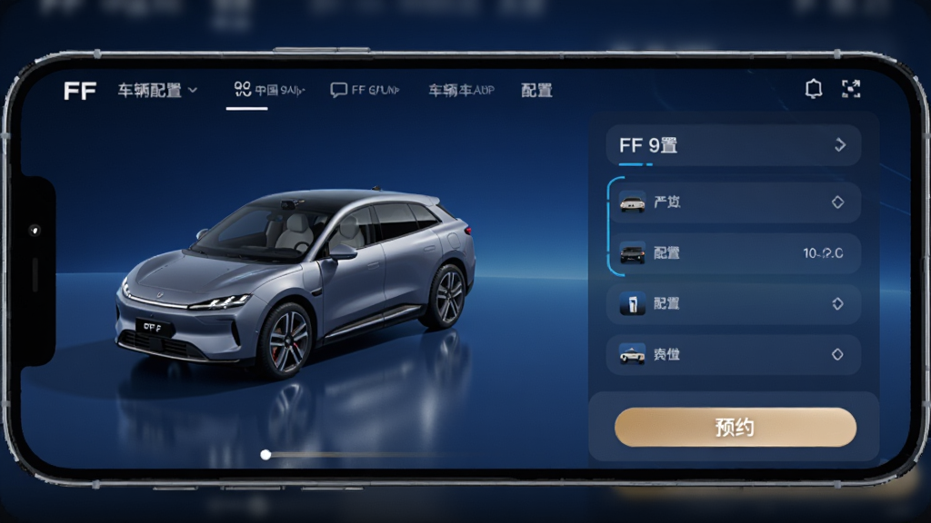 手机屏幕显示FF中国App车辆配置页面,画面中有FF 91车型的三维展示图,旁边有配置选项列表和预约按钮,界面风格科技感强,背景为深蓝色渐变,细节精致,画质高清,干净无多余元素