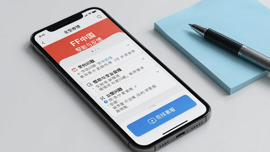 一部手机屏幕显示FF中国App的帮助与反馈页面,画面中有常见问题列表和在线客服入口,背景为浅灰色简洁风格,手机旁边有便签纸和笔,整体氛围专业,画质清晰,干净无多余元素