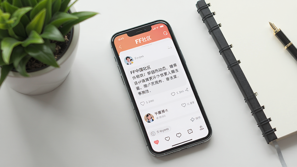 手机屏幕展示FF中国App社区页面,画面中有用户头像、动态文字和点赞评论图标,背景为浅色简洁风格,手机旁边有绿植和笔记本,整体氛围轻松友好,画质清晰,干净无多余元素