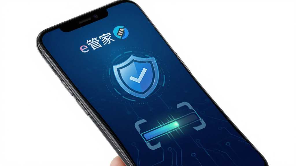 一张“e管家”安全巡检功能展示图,画面中手机屏幕显示着盾牌图标与扫描进度条,背景为深蓝色科技感渐变,细节锐利,画质清晰,无多余元素