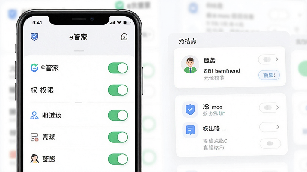 一张“e管家”权限管理界面的预览图,画面展示手机屏幕上的权限开关列表与后台进程管理卡片,界面采用浅色主题,图标排列整齐,风格干净利落,画质清晰,无多余元素