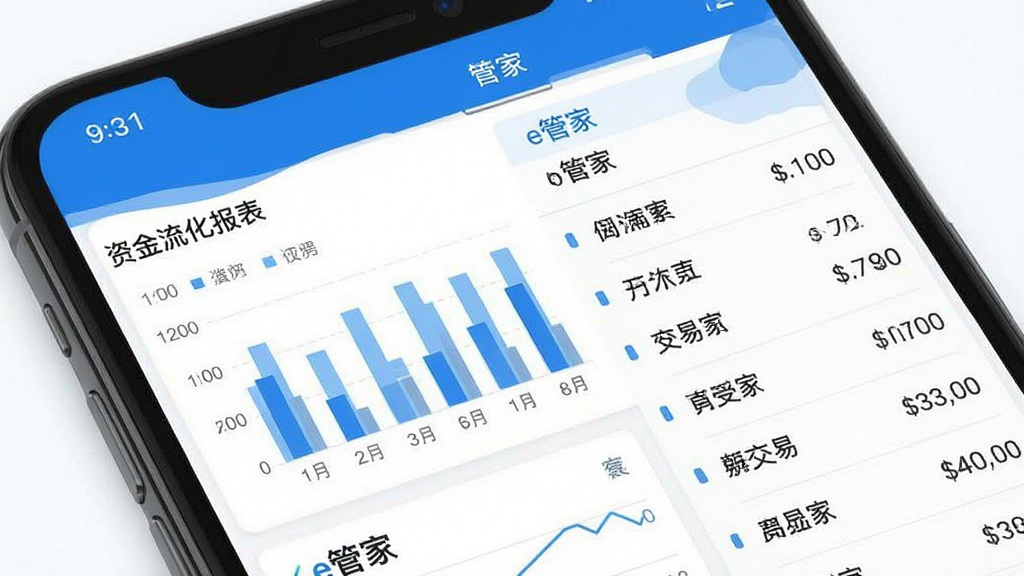 一张“e管家”资金流水报表界面的预览图,画面中手机屏幕上显示着柱状图与交易列表,配色以蓝白为主,数据清晰易读,风格商务简洁,画质干净,无多余元素
