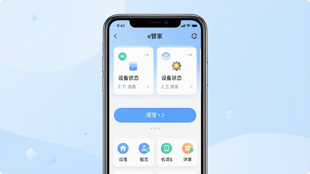 一张展示“e管家”软件主界面的预览图,画面中央是手机屏幕,屏幕内呈现软件首页的设备状态卡片、清理按钮与功能图标,背景为浅蓝色渐变,整体风格简洁清爽,细节清晰,画质干净,无多余元素