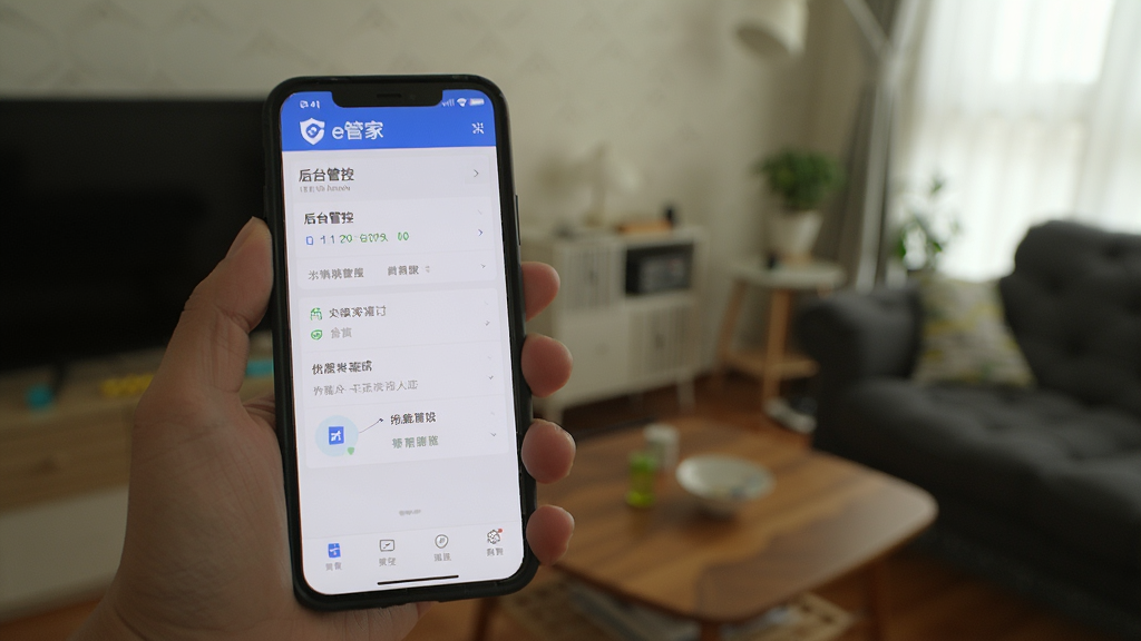 一张“e管家”在手机上运行的实拍图,画面中一只手拿着手机,屏幕显示软件的后台管控界面,背景为模糊的室内环境,风格生活化,细节自然,画质清晰,无多余元素