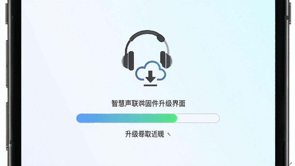智慧声联固件升级界面,画面展示手机屏幕中央出现升级进度条,上方有耳机图标与云端下载标识,背景为浅色渐变,布局清晰,风格简约,细节干净,画质明亮