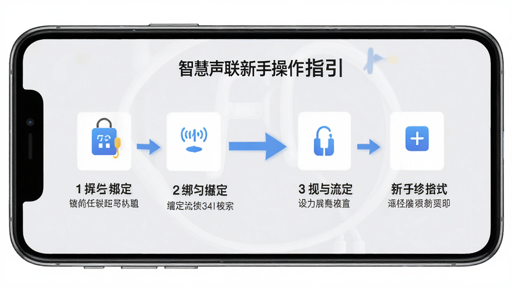 智慧声联新手操作指引界面,画面展示手机屏幕中分步骤显示绑定流程,配有箭头引导与文字说明,背景为浅灰色,布局清晰有序,风格简洁明了,细节干净,画质清楚