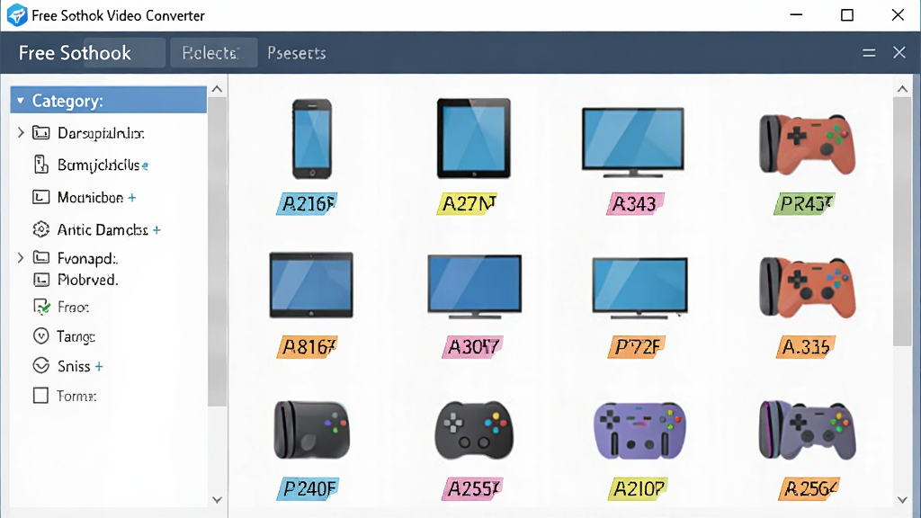 һ�� Free Sothink Video Converter �豸Ԥ��ѡ�����ͼ�������������е�����豸�б�������Ϊ����豸���ࡢ�Ҳ�����ͺ�ͼ�꣬�Ű����������Ϊ��ƽ��ͼ��磬ϸ�ڰ����ֻ���ƽ�塢���ӡ���Ϸ��ͼ�����ʽ��ǩ�����ʸ��壬�ɾ����޶���Ԫ��