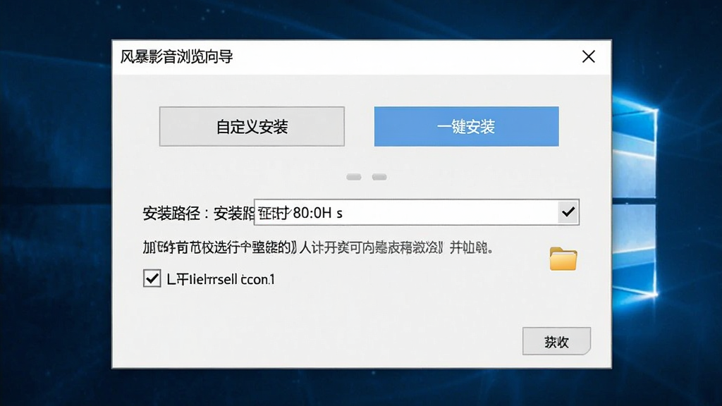 一张展示风暴影音浏览器安装向导界面的图片,画面中是一个软件安装窗口,包含“自定义安装”与“一键安装”两个按钮,下方有安装路径选择框,布局居中,风格为简洁安装界面风,细节包括许可协议勾选框、浏览文件夹图标,画质清晰,干净,无多余元素