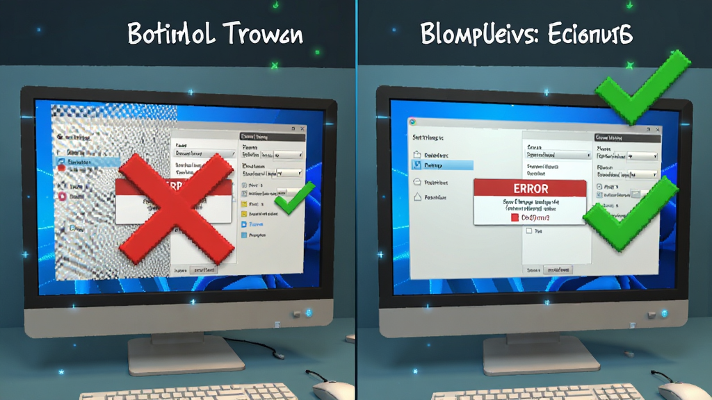 极酷3D桌面BumpTop故障排除示意图,主体为电脑屏幕显示设置面板与错误提示,布局为分屏对比,排版左侧为卡顿画面右侧为流畅画面,风格为教程指导风,细节包含醒目的红色叉号与绿色对勾以及系统设置选项,画质清晰,干净,无多余元素