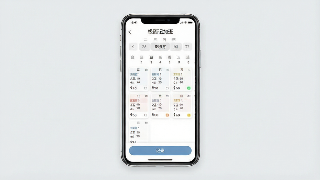 一张手机屏幕展示极简记加班软件主界面的图片,画面中央是手机正面竖屏,屏幕内显示日历式工时记录界面,顶部有“极简记加班”文字标识,中部为月份切换与每日工时卡片,底部为记录按钮,背景为浅灰色纯色,整体风格简洁清爽,UI设计扁平化,细节清晰,画质干净,无多余元素