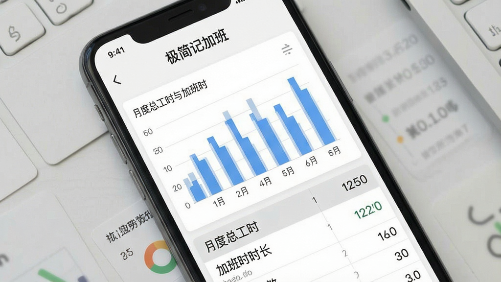 一张展示极简记加班统计汇总功能的图片,画面为手机屏幕中显示柱状图与数据列表,图表上方有“极简记加班”文字,屏幕内可见月度总工时与加班时长数字,背景为白色与浅灰色搭配,风格商务简洁,排版整齐,细节清晰,画质干净,无多余元素