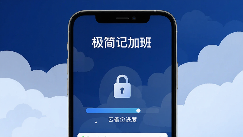 一张展示极简记加班数据备份功能的图片,画面为手机屏幕中显示云备份进度与安全锁图标,屏幕上方有“极简记加班”文字,背景为深蓝色与浅色云朵图案,风格科技感与安全感并重,排版简洁,细节清晰,画质干净,无多余元素