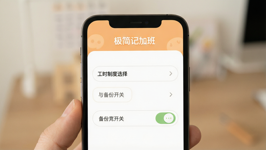 一张展示极简记加班新手设置引导页面的图片,画面为手机屏幕中显示工时制度选择与备份开关选项,屏幕上方有“极简记加班”文字,背景为浅橙色与白色搭配,风格温馨友好,排版清晰,细节柔和,画质干净,无多余元素