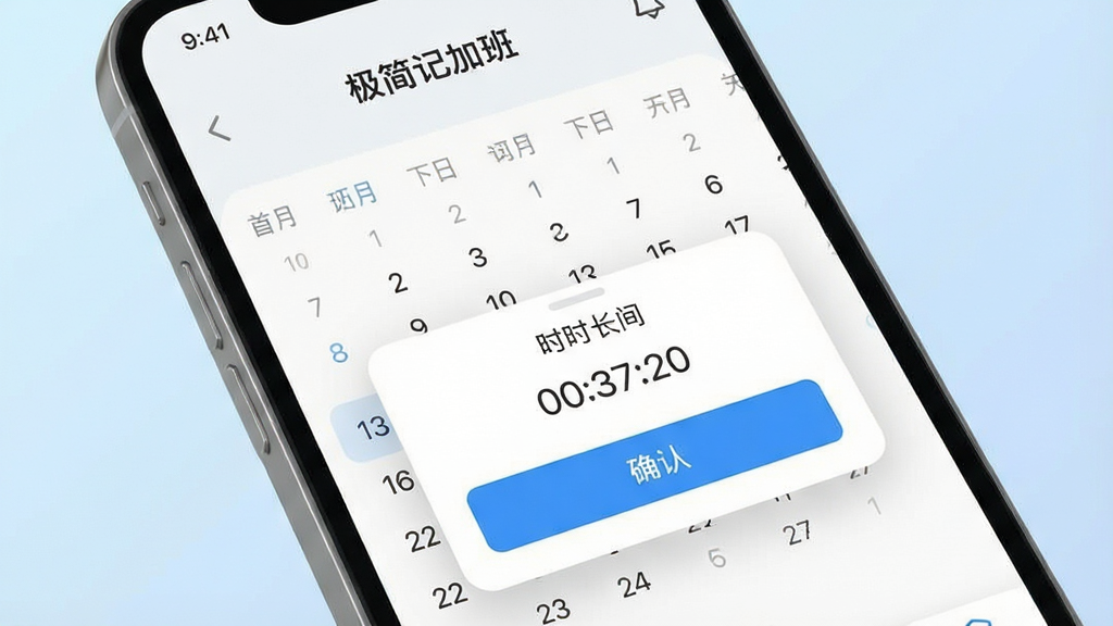一张展示极简记加班快速记录功能的图片,画面主体为手机屏幕特写,屏幕中显示日历视图与工时输入弹窗,弹窗内有时长数字与确认按钮,屏幕上方有“极简记加班”字样,背景为柔和的浅蓝色渐变,风格现代简约,排版清晰,细节精致,画质干净,无多余元素