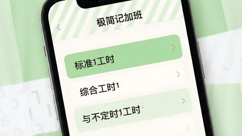 一张展示极简记加班多场景记工模式的图片,画面为手机屏幕中显示模式选择列表,列表项包括标准工时、综合工时与不定时工时,屏幕顶部有“极简记加班”标识,背景为浅绿色与白色交替,风格清新自然,排版舒适,细节柔和,画质干净,无多余元素