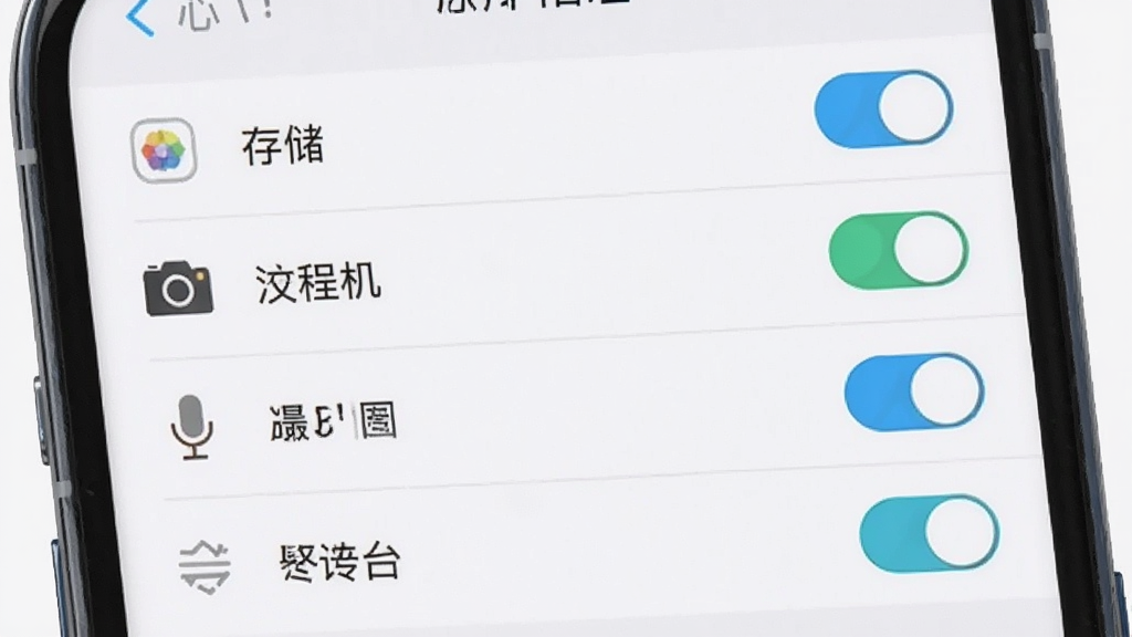 小心心安装权限设置示意图,主体为手机屏幕显示应用权限管理界面,包含存储、相机、麦克风等权限开关,布局为纵向列表,风格为简洁明了的系统设置界面风格,细节上开关按钮清晰,背景为浅灰色,画质干净,无多余元素