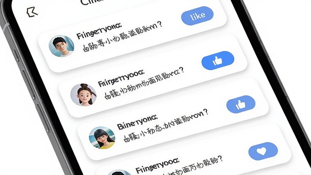 小心心心情动态分享功能展示,主体为手机屏幕内展示多条心情动态卡片,每张卡片上有用户头像、文字内容和点赞按钮,布局为纵向列表排列,风格为清新明快的社交应用界面,细节上卡片带有柔和阴影和圆角,背景为纯白色,画质干净清晰,无多余元素